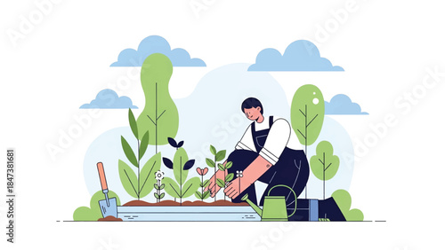 Person kneeling in a garden bed planting seedlings with watering can and small spade amid trees. sky