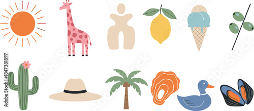 Minimal summer lifestyle icons set with sun, giraffe, lemon, ice cream, palm tree, cactus and food elements