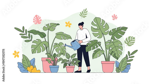 Person watering a variety of leafy potted plants, with large green leaves against a pastel backdrop