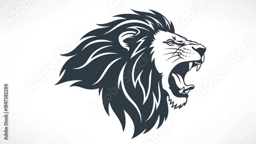 Roaring lion head silhouette, flowing stylized mane, bared fangs, open mouth, fierce focused gazing