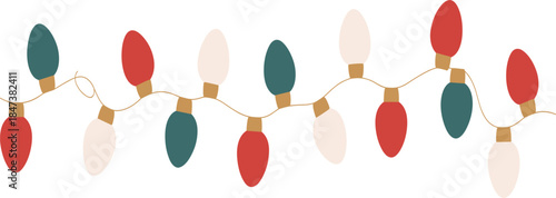 Single strand of festive Christmas string lights, with red, white, and teal bulbs illustration