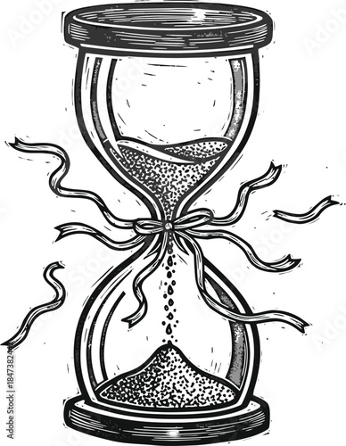 Linocut Hourglass Illustration Flowing Ribbons Sand Handmade Carved Rough Edges Fantasy Vector Art