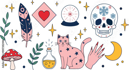 Mystical magic illustration set with witch symbols cat skull potion moon feather stars in modern flat vector style