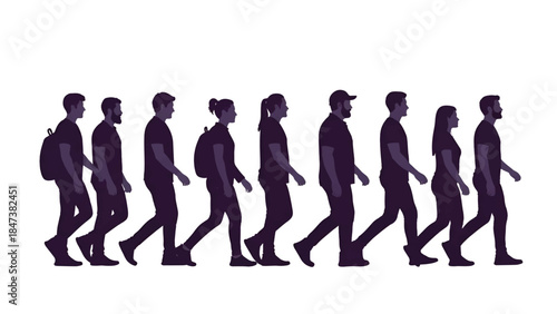 Row of pedestrians in profile walking left to right, varied genders, backpacks, casual clothes today