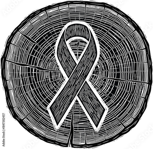 Linocut tree stump with ribbon growth rings symbolizing cancer awareness resilience hope black white vector illustration
