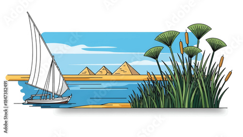 Sailboat on a calm river with papyrus reeds in foreground and pyramids on distant sandy shore at eve