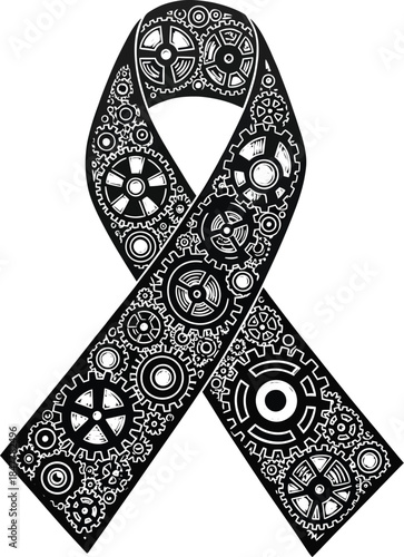 Linocut gear ribbon symbolizing unified cancer research collaboration strength solidarity black white vector illustration