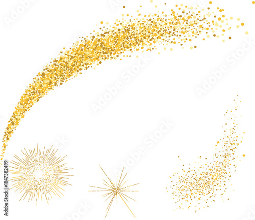 Set of gold glitter particles, in an arc shape and sparkling bursts, festive decorative elements