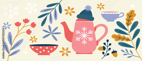 Winter tea time collection, with pink teapot, blue hat, snowflakes, and seasonal botanical branch elements