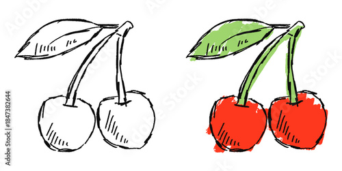 Grunge sketch handdrawn cherry vector for retro posters and edgy art. Ideal for symbolizing rockabilly style, sweet treats, and raw artistic sketches.