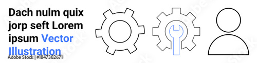 Two gears, a wrench, and a user icon emphasize optimization, customization, tools, mechanics, maintenance, management settings and user interfaces. Ideal for workflows profiles settings simple