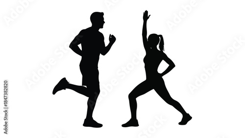 Silhouettes of a man jogging and a woman lunging with raised arm against a white background together