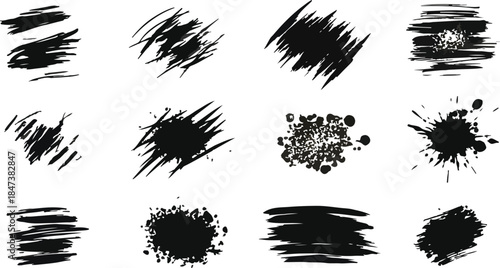 Abstract Collection of Black Ink Splatters and Brush Strokes