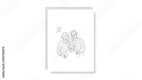 Simple line portrait of three smiling older adults close together, hand on shoulder, small hearticon