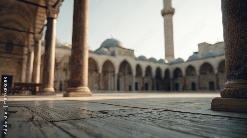 Naklejka premium Interior courtyard of a mosque with arched colonnades and a minaret against a clear sky