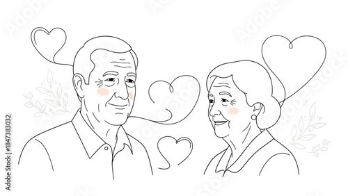 Smiling elderly couple gazing at each other surrounded by hearts and delicate leaf motifs with blush