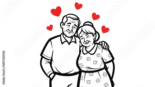 Smiling elderly couple embrace, man with arm around woman, red hearts floating above them in lineart