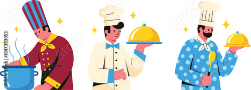 Professional chefs cooking and serving dishes set, restaurant kitchen staff characters preparing food flat vector illustration