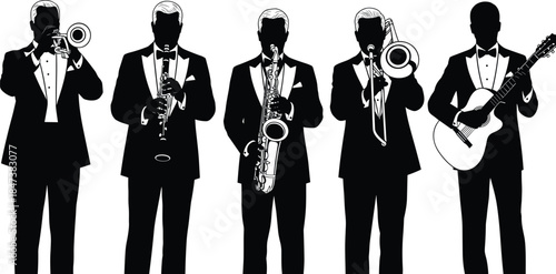 Collection of Jazz and Swing Band Musicians Silhouettes Playing Trumpet, Saxophone, Trombone, and Guitar, Illustrating Live Music, Concert, and Entertainment
