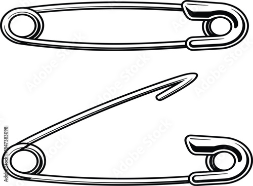 Set of two black, line drawing safety pins in closed and open positions vector illustration