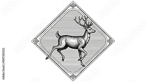 Vintage Engraving of a Majestic Stag in Full Stride.