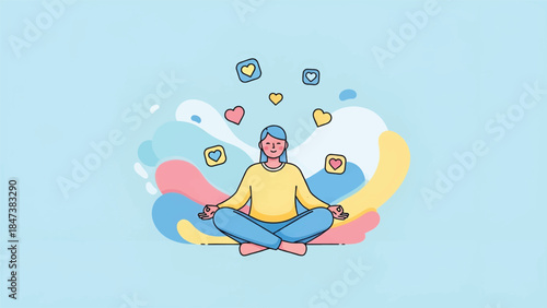 Smiling person meditating cross-legged among colorful abstract shapes and floating heart icons calm