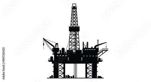 A striking black silhouette of an offshore oil platform with detailed structural elements silhouette