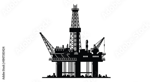 A striking black silhouette of an offshore oil drilling platform with detailed architecture silhouette