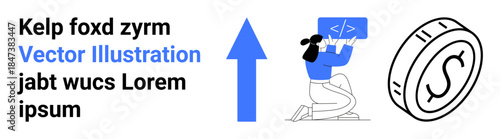 Business growth, software development, investment, coding education, financial success, upward trends. An upward arrow, person coding and a currency coin icon. Growth and software development