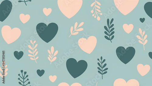 Soft teal background with peach and deep teal hearts and delicate sprigs scattered softly aquarelle