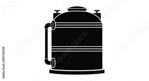 A striking black and white graphic depiction of an industrial water tank a bold silhouette