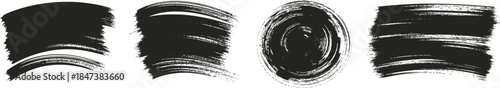 Set of four black, hand drawn ink brush strokes, and textured paint smears vector illustration