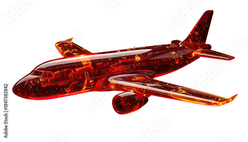 Amber-like aircraft, transparent, glowing, with visible interior details