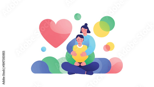 Warm illustrated couple seated cross-legged, embracing an expectant belly amid colorful hearts. cozy