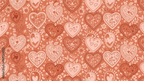 Whimsical hand-drawn hearts and floral motifs in warm terracotta hues create ornate seamless pattern