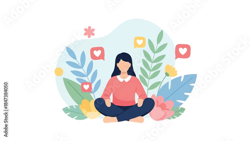 Woman seated cross-legged in meditative pose among pastel leaves, blooms, and floating heart icons