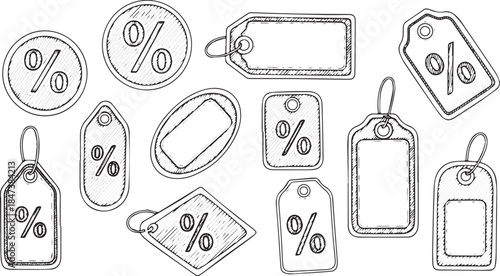 Collection of Hand Drawn Discount Tags and Percentage Symbols.