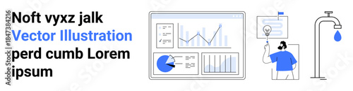 Analytics dashboard with graphs, businessperson brainstorming with light bulb, water tap symbolizing resource conservation. Ideal for data analysis, brainstorming, innovation, sustainability