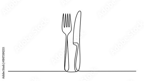 Minimalist One Line Drawing of Fork and Knife