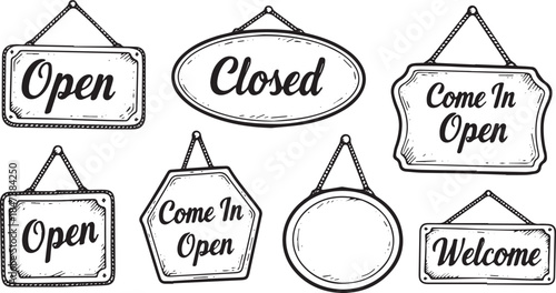 Collection of Hand Drawn Open Closed Welcome Signs for Businesses.