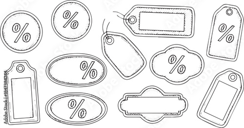 Collection of Hand Drawn Sale Tags and Percentage Symbols for Retail and Marketing.