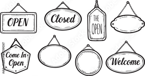 Collection of HandDrawn Open and Closed Signs with Blank Templates.