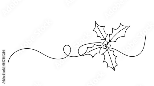 Minimalist One Line Drawing of Holly Leaf with Berries
