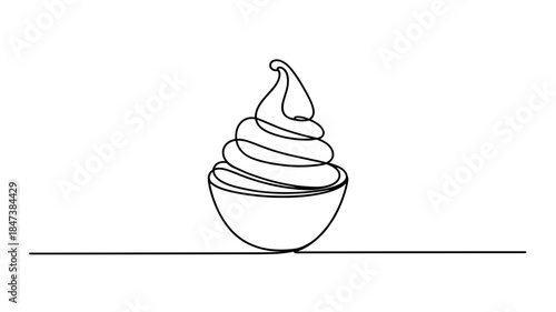 Minimalist One Line Drawing of Dessert Bowl with Cream