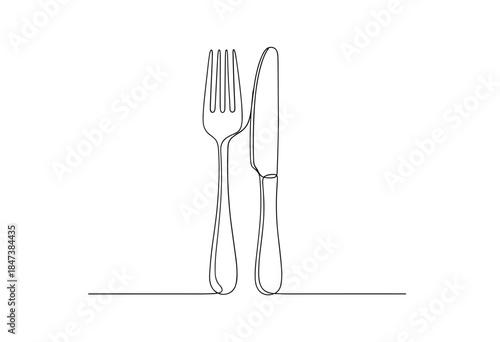 Minimalist One Line Drawing of Fork and Knife Cutlery Vector