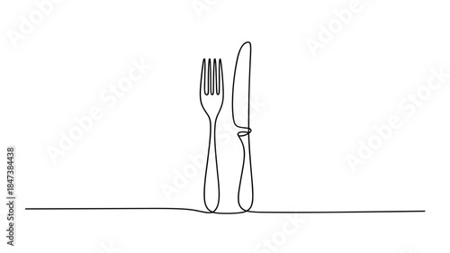 Minimalist One Line Drawing of Fork and Knife Cutlery