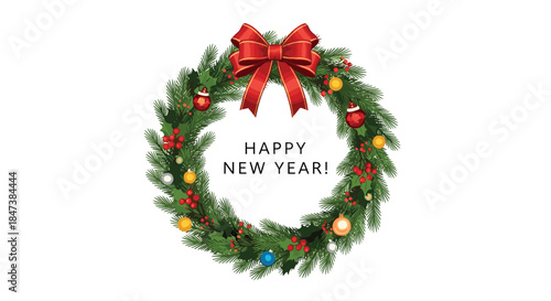 Festive Happy New Year holiday wreath of evergreen branches with a large red bow, colorful baubles, and holly berries on a white background.