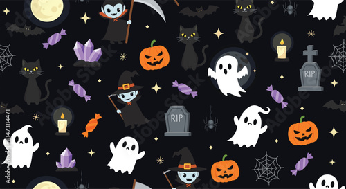 Seamless Halloween pattern with cute ghosts, pumpkins, black cats, vampires, and witches on a dark background for festive holiday design.