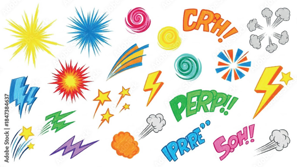 Obraz premium Dynamic Comic Book Elements Set with Explosions Lightning and Sound Effects.