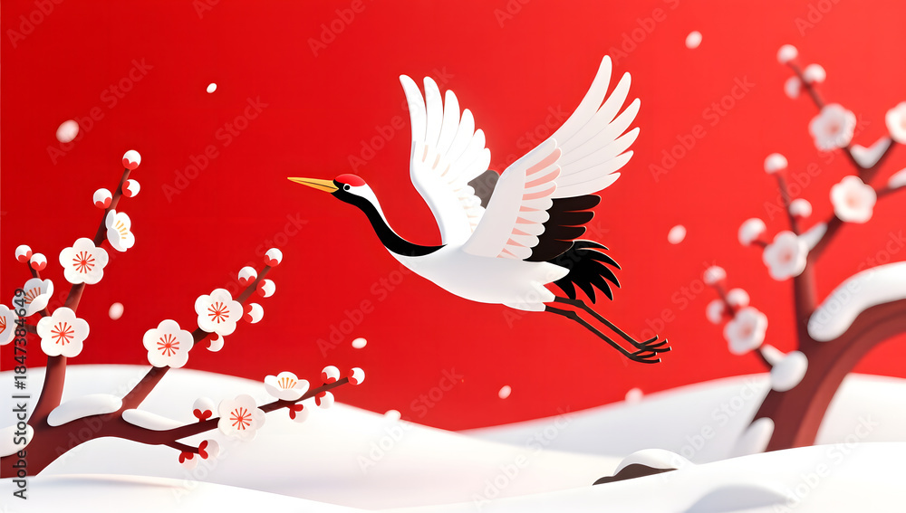 Obraz premium A graceful crane gliding over snowy plum blossoms